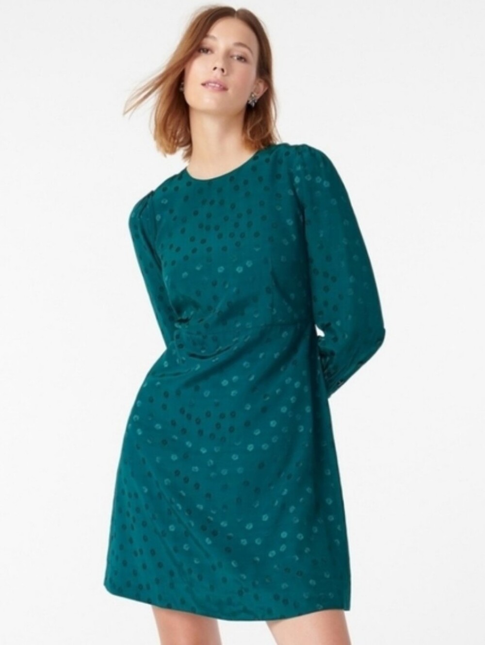 J. Crew teal satin jacquard long sleeve dress